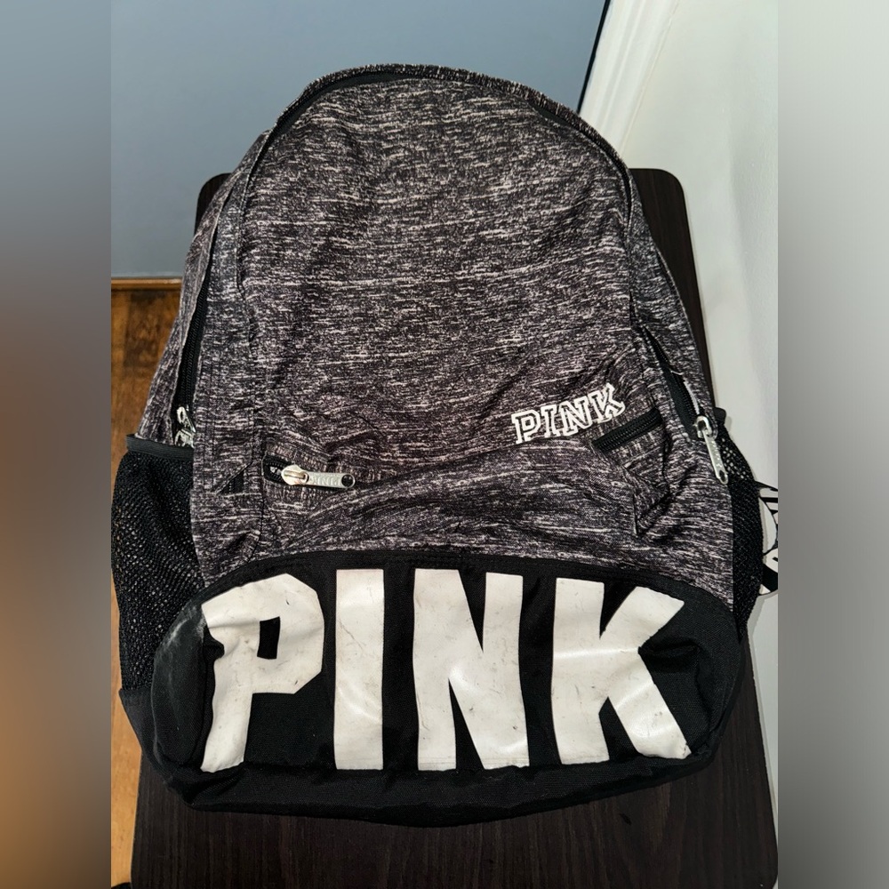 PINK Victoria Secret Campus Black/White Logo Zip Strap Backpack